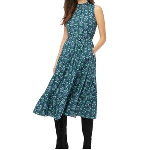 J. Crew Factory Printed Mockneck Tiered Midi Dress Green Blue Floral Size 16